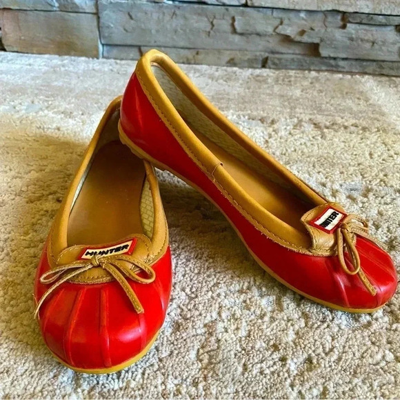 Hunter Shoes - Hunter Rubber Red Jaylen Waterproof Duck Shoes Ballet Flats Loafers Slip On: 5